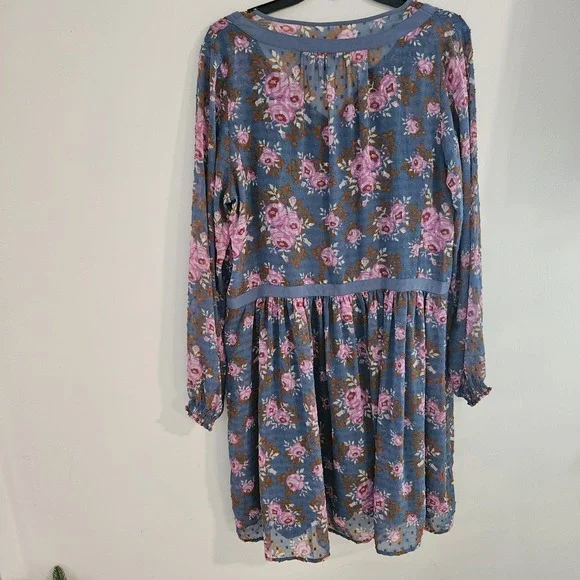 Matilda Jane Floral Flutter Twirl Dress L Women Balloon Sleeve Swiss Dot Midi Bl - Picture 8 of 11